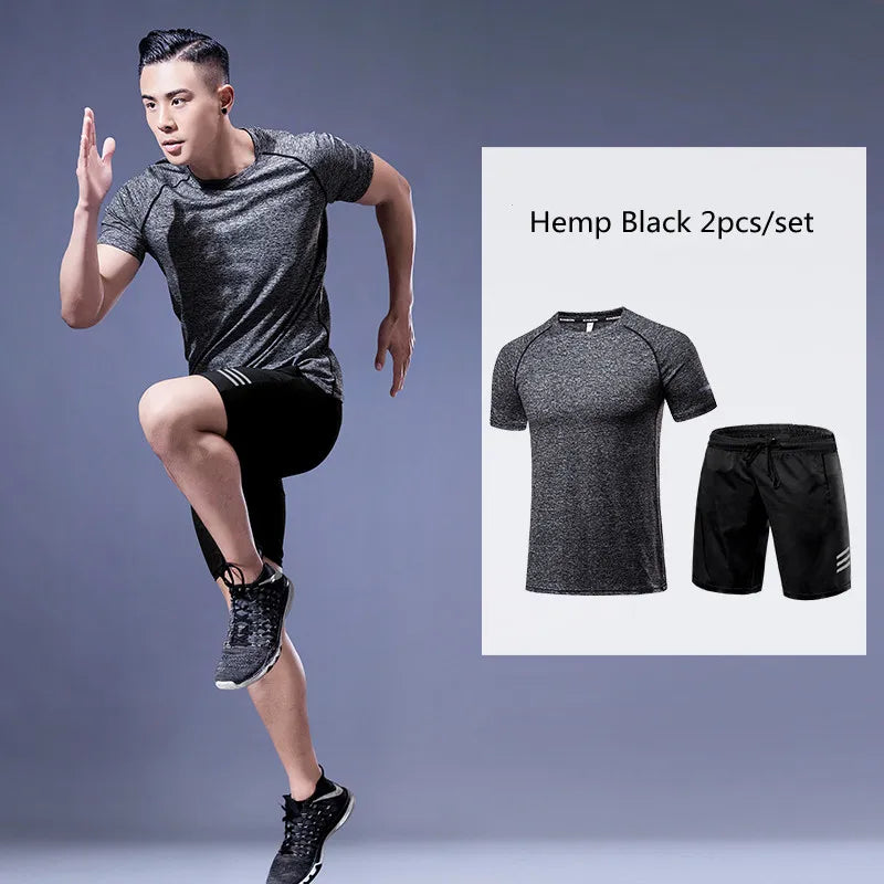 2023 Fitness Suits With Shorts O-Neck Men's T-shirt + Sports Shorts Set Summer Running Moisture Wicking Sportswear Man Outfits