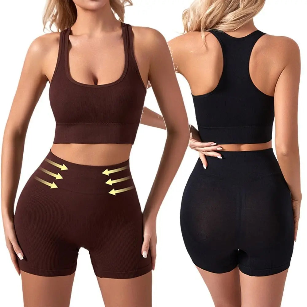 2Pcs High Waist Short Workout Outfits Ribbed Seamless Tracksuit Leggings Sleeveless Crop Matching Active Set Biker