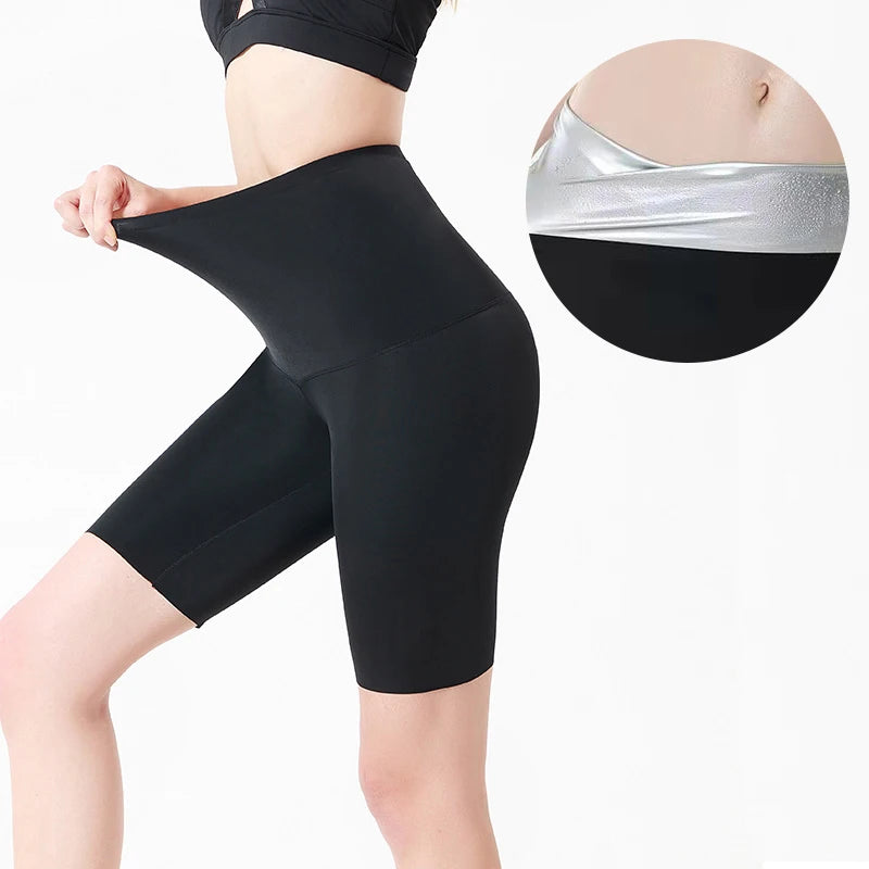 Women Sauna Sweat Pants Thermo Shorts Fat Burner Body Shaper Fitness Stretch Tights High Waist Leggings Slimming Yoga Pants Belt