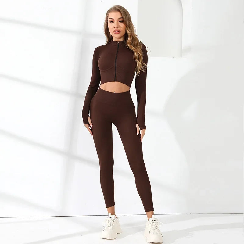 Seamless Sport Set Women Workout Clothes Gym Yoga Set Tracksuit Zipper Long Sleeve Crop Top Leggings Active Wear Running Suit