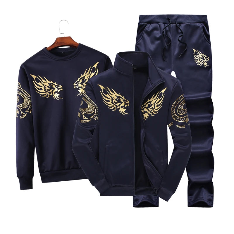 Tracksuit Men 3 Piece Sport Set Polyester Sweatshirt Sportsuit Dragon Pattern Fleece Sportswear Winter Warm Clothing Home Suit