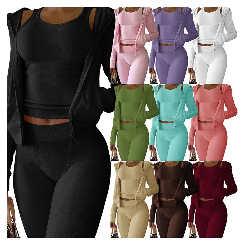 Casual Velvet Tracksuit Women 3 Piece Set Hooded Zipper Sweatsuit Top+Tank+Skinny Leggings Pants Jogging Suit Matching Sets Yoga