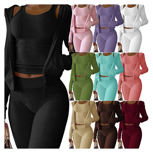 Casual Velvet Tracksuit Women 3 Piece Set Hooded Zipper Sweatsuit Top+Tank+Skinny Leggings Pants Jogging Suit Matching Sets Yoga