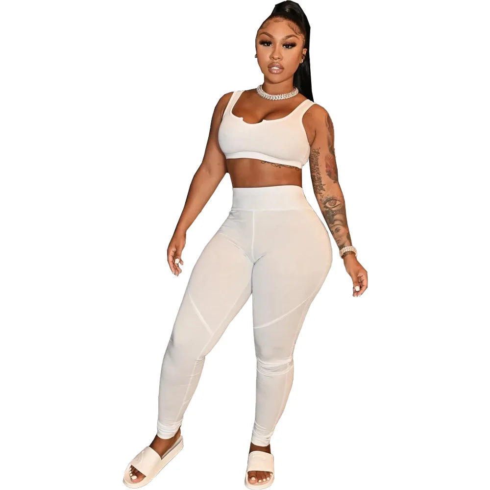 Fitness Women Yoga Tracksuit Workout Two Piece Set Solid V Neck Vest Tank Top Legging Pants Outfit Sport Matching Set Home Suit