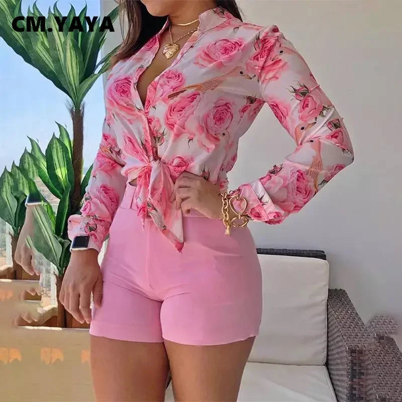 Beach Holiday Women's Tracksuit Floral Leaf Long Sleeve Shirt and Shorts Matching Two 2 Piece Set Outftis Sweatsuit