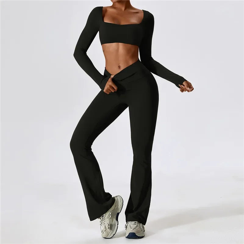 MyZyQg Women Autumn Shock-proof Two Piece Yoga Suit Quick Dry Fitness Casual Sports Long Sleeve T-shirts Flare Pant Set