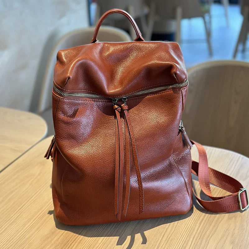 Tanned Leather Backpack Women's Vintage Genuine Bag Simple Top Layer Cowhide Travel Large Capacity Bags