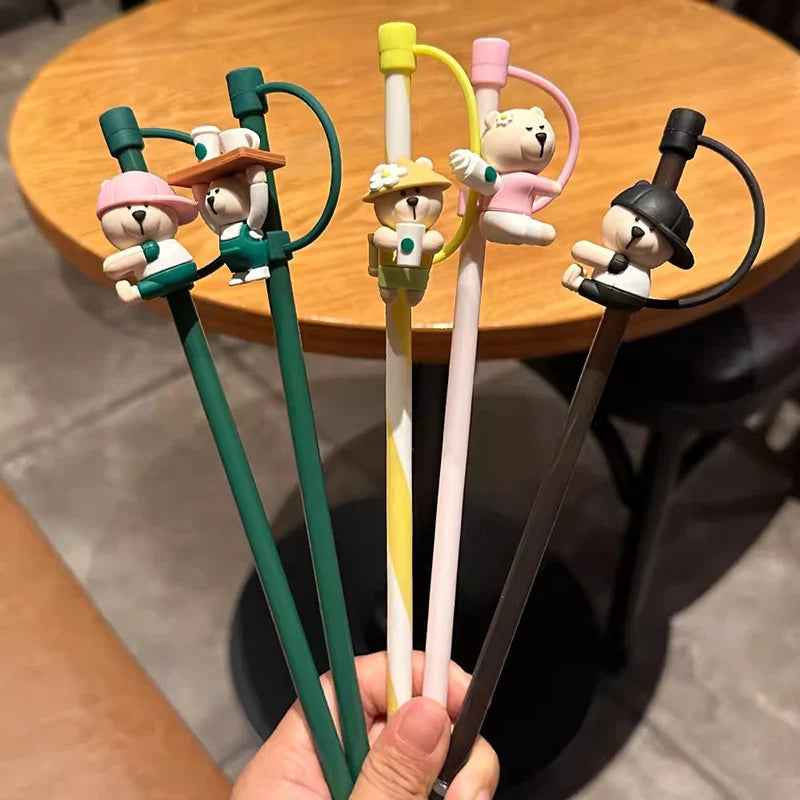 Cute Silicone Straw Cover For 7-8mm Straws With Brush Reusable Splash Proof Straw Cap Topper For 30 40oz Tumbler Cup Accessories