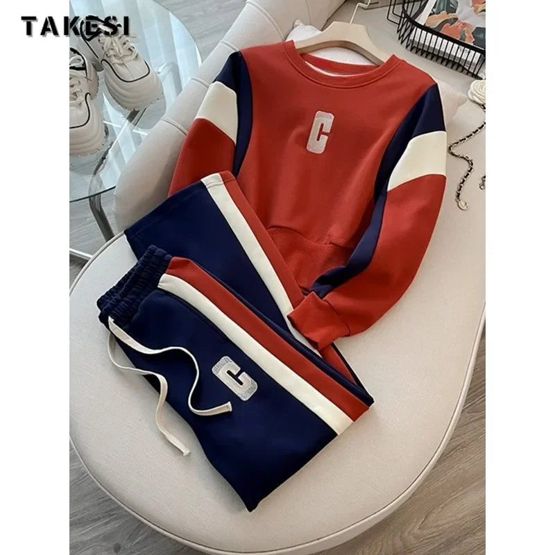 Casual Sporty Two-piece Set Women Letter Print O-neck Sweatshirt + Drawstring Trousers Sets Sports Pants Suits