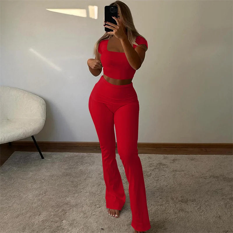 Solid Casual Matching Set Outfits for Women Two Piece Set Sporty Fitness Workout Crop Top and Flare Pants Track Suit Yoga Femme