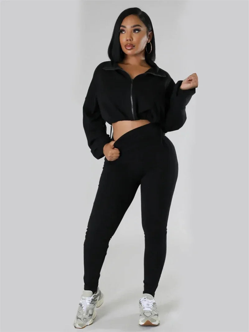 Solid Sporty Two Piece Set for Women Tracksuit Casual Fitness Workout Zipper Bomber Jacket Top and Sweatpants Matching Sets