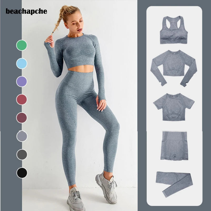 Beachapche  Seamless High Waisted Sports Yoga Sets For Women Fitness Leggings Short Sleeve Push Up Sports Bra Track Suit