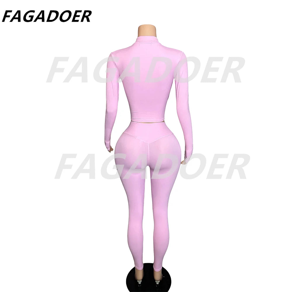 FAGADOER Candy Color Sporty 2pcs Sets Outfits Quality Stretchy Tracksuit Female Workout Streetwear Jacket + Leggings  Pants Suit