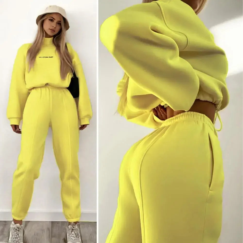 Spring Long-sleeved High-neck Printed Sweatshirt Casual Two-piece Set Tie-up Pleated Top Waist Sweatpants Sports Suit Women