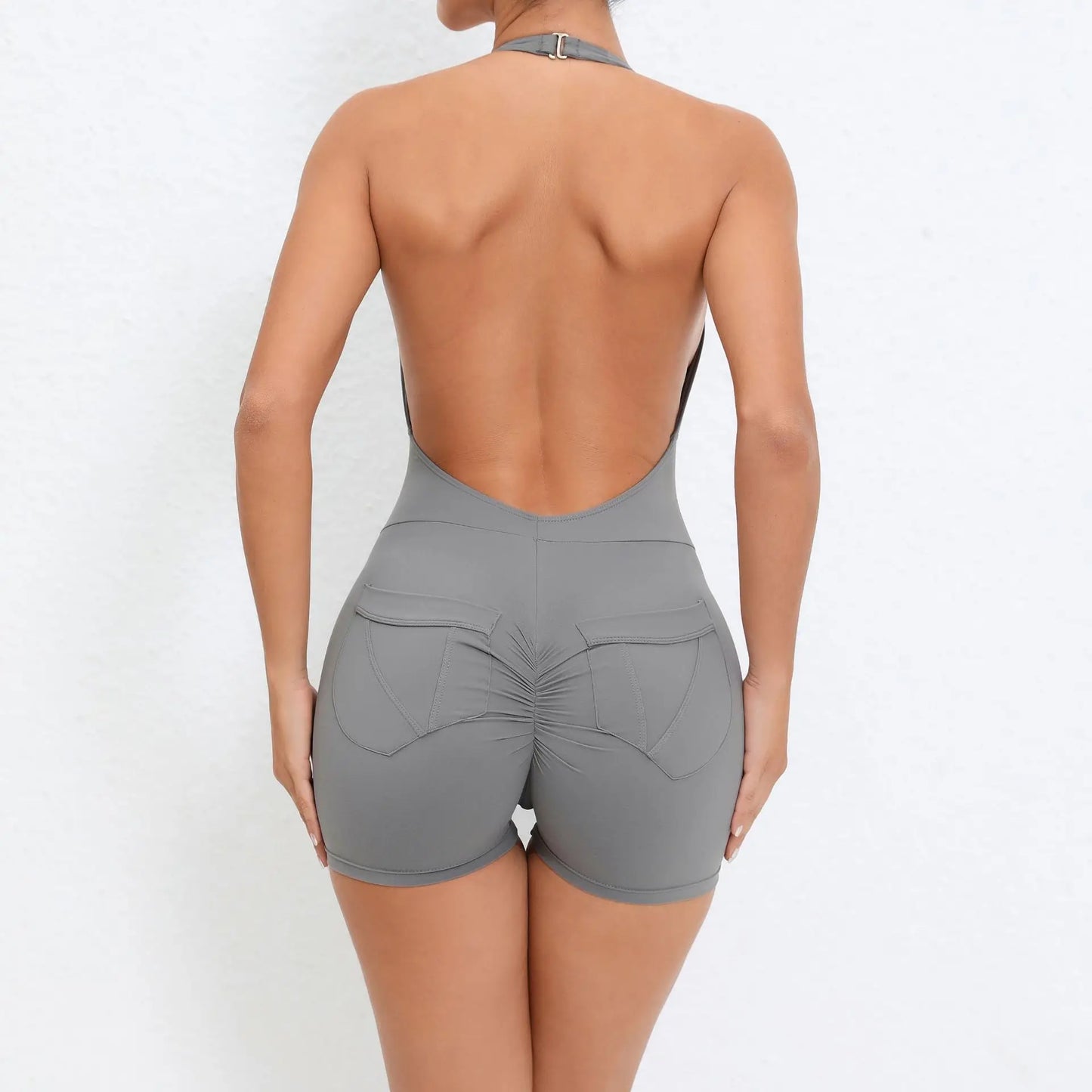 Pad Halter V Scrunch Romper Women One Piece Jumpsuit Workout Yoga Set Open Back Gym Clothing Scrunch Proof Butt Gym Active Suit