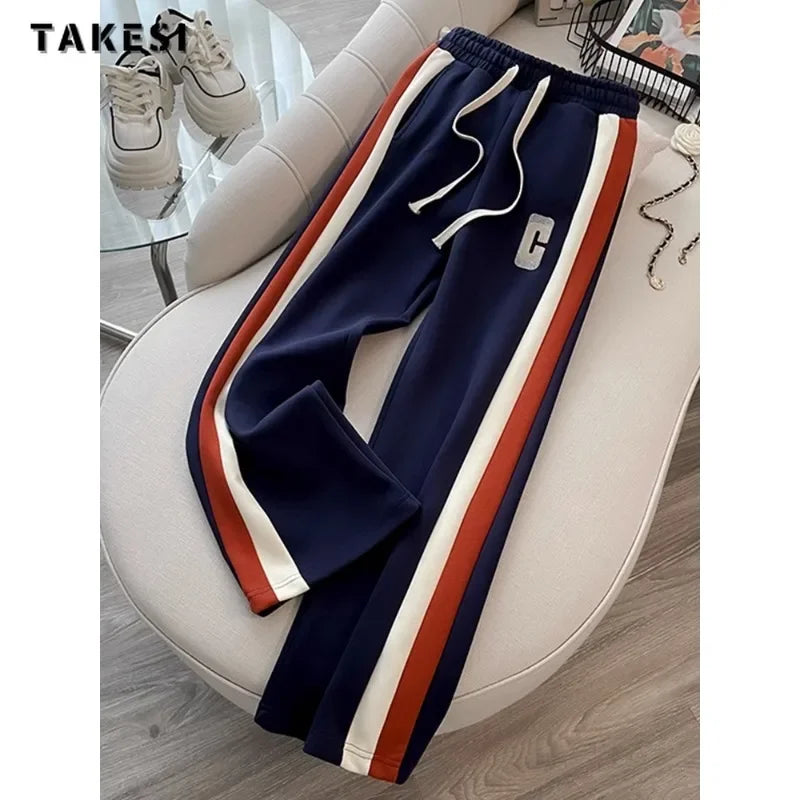 Casual Sporty Two-piece Set Women Letter Print O-neck Sweatshirt + Drawstring Trousers Sets Sports Pants Suits