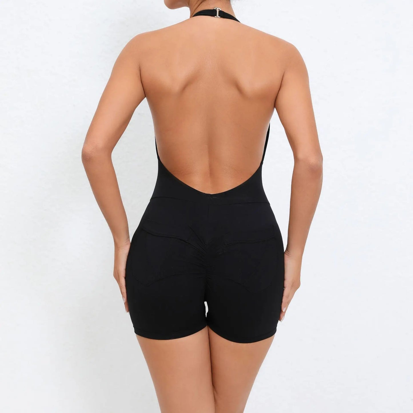 Pad Halter V Scrunch Romper Women One Piece Jumpsuit Workout Yoga Set Open Back Gym Clothing Scrunch Proof Butt Gym Active Suit