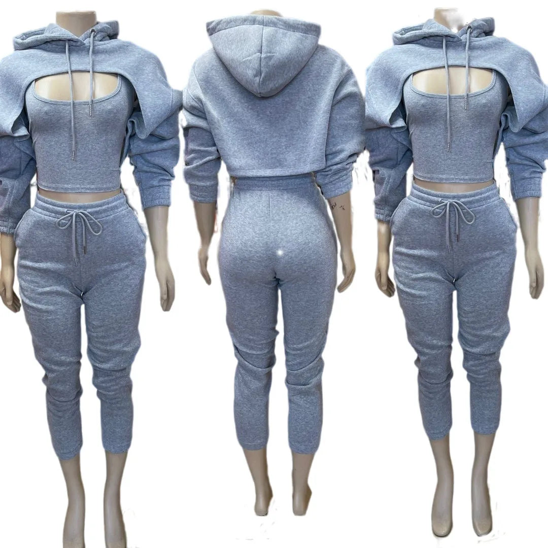 Fitness Women 3 Piece Set Solid Long Sleeve Crop Hoodies Vest High Waist Jogging Pants Suit 2024 Winter Autumn Sporty Sweat Suit