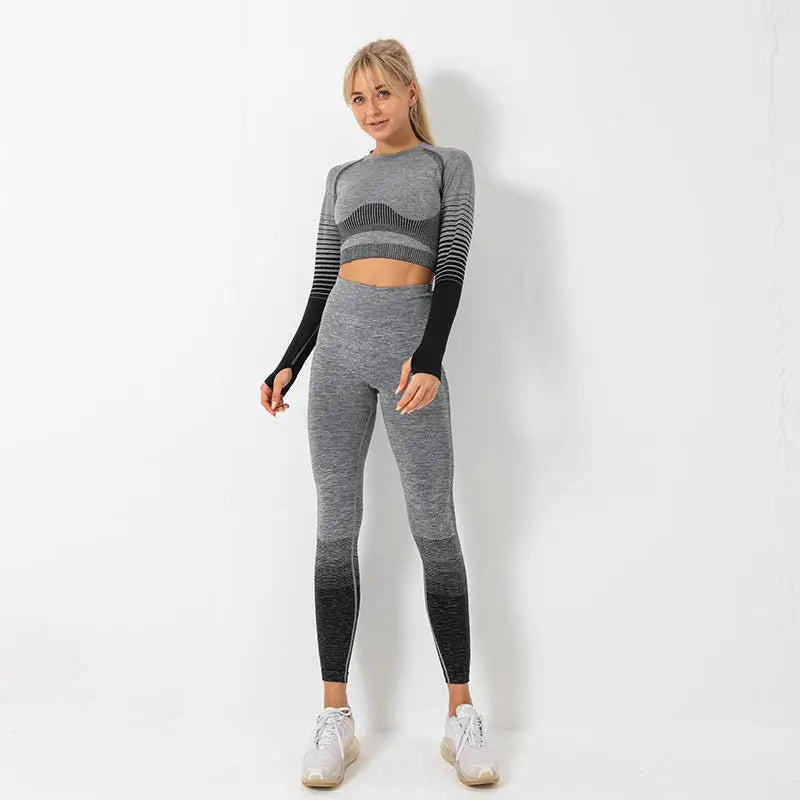 2 Pieces Gym Set Workout Clothes For Women Fitness Long Sleeve Crop Top Seamless Scrunch Butt Leggings Yoga Sport Suits