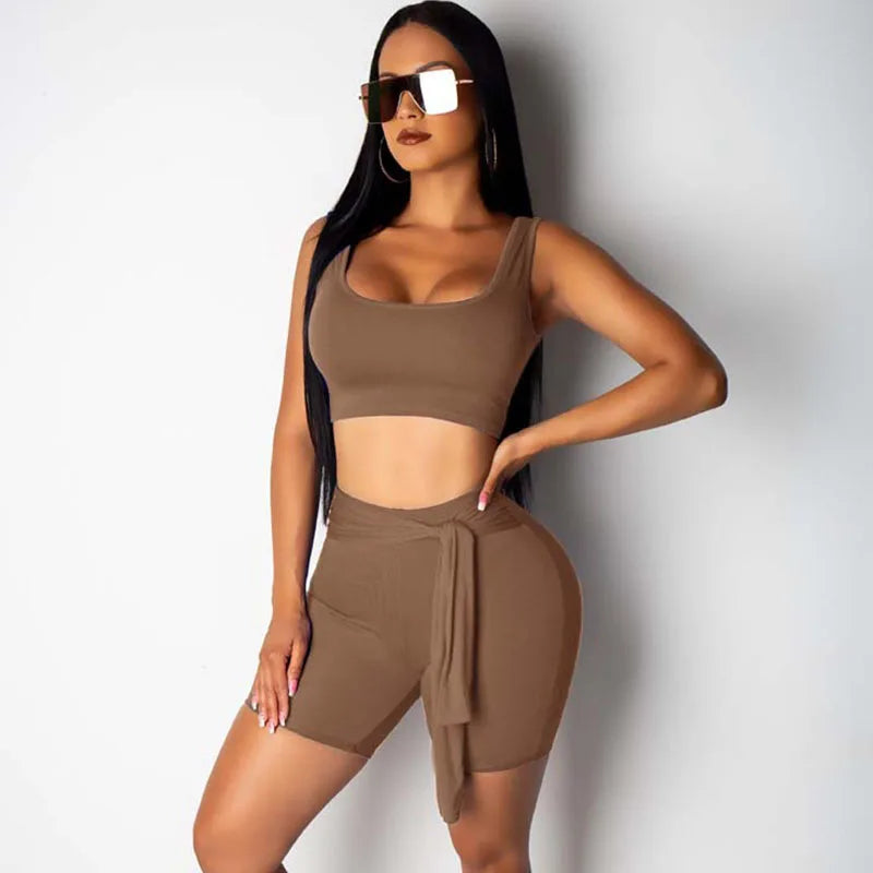 Summer Trachsuit Women Two Piece Suits Sporty Outfits U-neck Tank Crop Top and Lace-up Shorts Casual Fitness Matching Sets Yoga