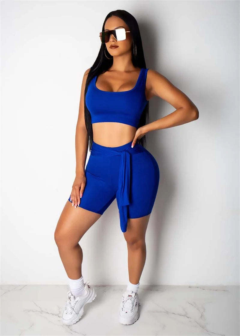 Summer Trachsuit Women Two Piece Suits Sporty Outfits U-neck Tank Crop Top and Lace-up Shorts Casual Fitness Matching Sets Yoga