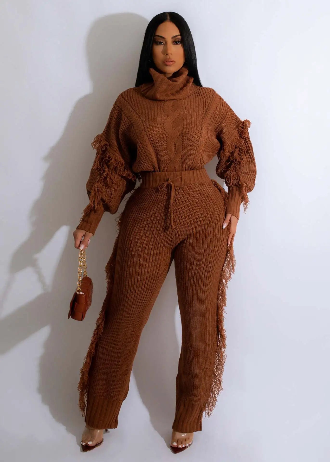 Knit Sweater Set Women Tracksuit Autumn Tassel Sleeve Turtleneck Pullover Tassel Side Pants Suit Casual Warm Two 2 Piece Outfits