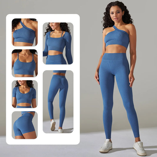 Seamless Yoga Set Ribbed Workout Outfits for Women Sport Bra High Waist Shorts Yoga Leggings Sets Fitness Gym Clothing Tracksuit