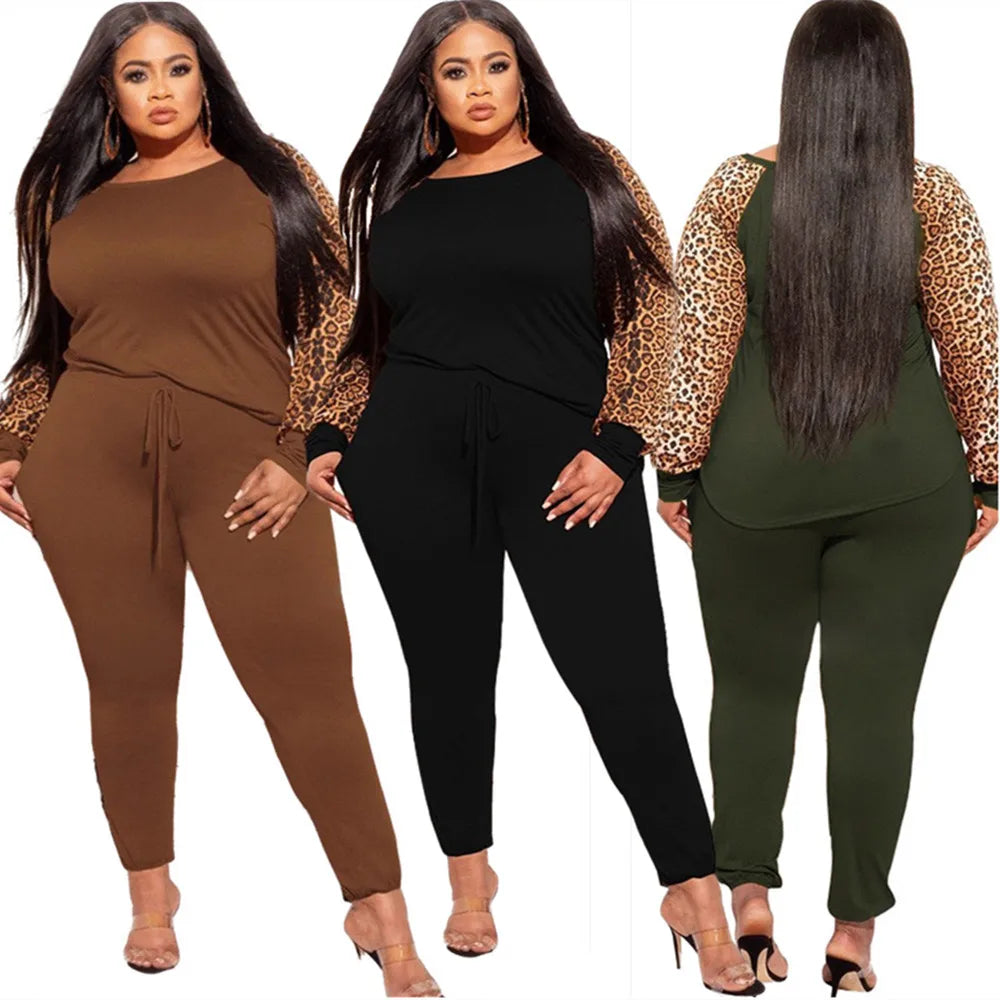 Plus Size Sets 2 Piece Outfit Women Fall Clothes Sweatsuit Tracksuit Leopard Patchwork Crop Top Leggings.