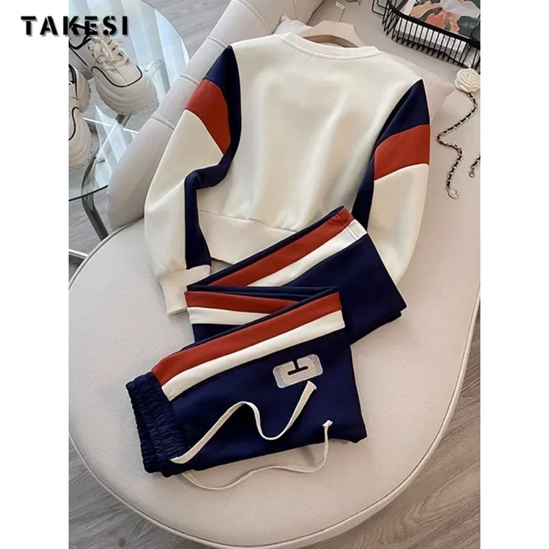 Casual Sporty Two-piece Set Women Letter Print O-neck Sweatshirt + Drawstring Trousers Sets Sports Pants Suits