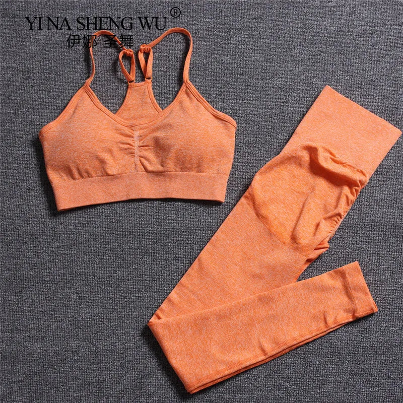 Seamless Yoga Set Women Fitness Pants Clothing Sportswear Woman Gym Leggings Padded Push-up Strappy Sports Bra 2 Pcs Sports Suit