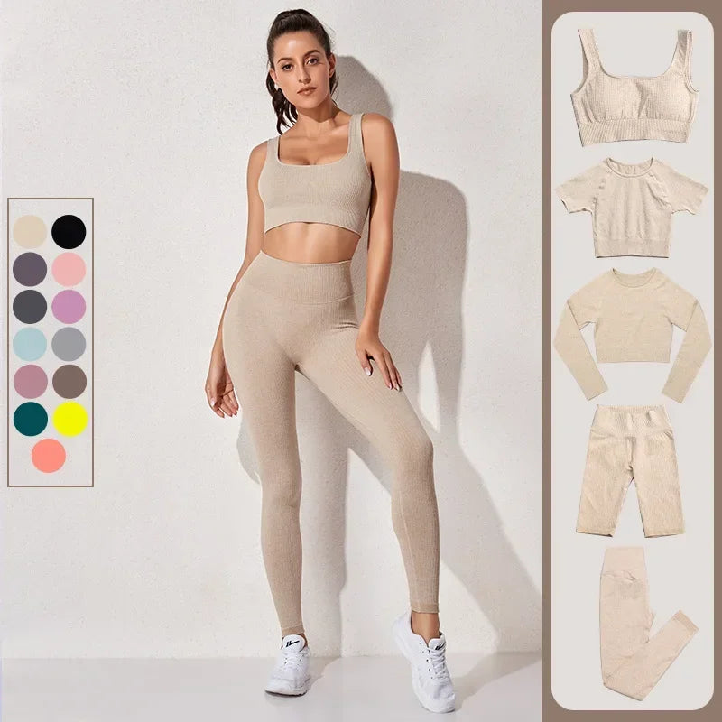 Women's Sportswear Yoga Set Workout Clothes Athletic Wear Gym Legging Seamless Bra Crop Top Long Sleeve Yoga Suit