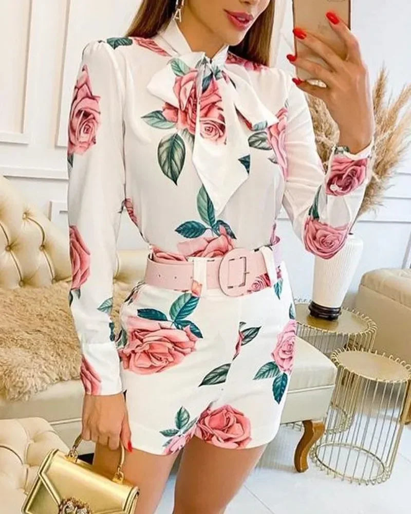 Beach Holiday Women's Tracksuit Floral Leaf Long Sleeve Shirt and Shorts Matching Two 2 Piece Set Outftis Sweatsuit