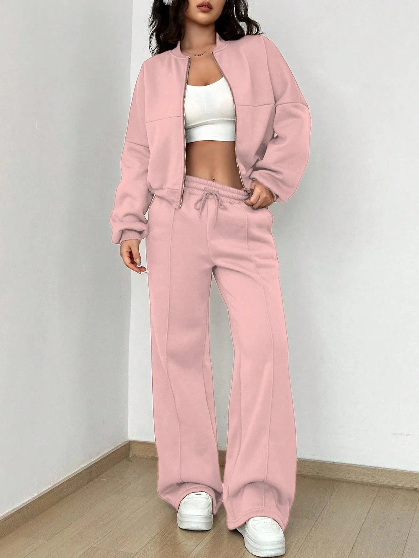 Casual Loose Zipper Coat + Sweatpants Two Piece Sets Women Fashion Solid Sleeve Jacekets Outfits Autumn Winter Sweatshirt Suit