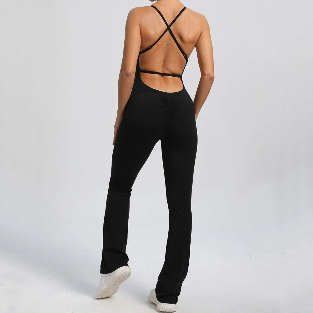 2024 Nylon Pad Bunny Sportwear Fitness Yoga Set Workout Flared Legging One Piece Jumpsuit Pants Exercise Active Wear Bodysuit