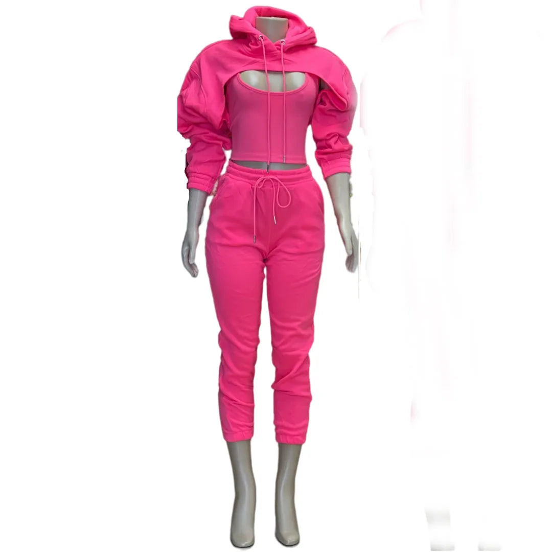 Fitness Women 3 Piece Set Solid Long Sleeve Crop Hoodies Vest High Waist Jogging Pants Suit 2024 Winter Autumn Sporty Sweat Suit