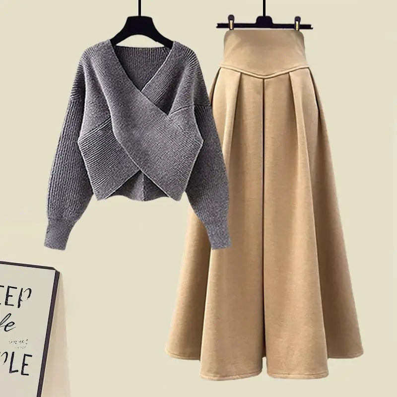 Korean Style Autumn New Chest Cross Knitted Sweater Pullover Pleated Half Skirt Two-piece Set Fashionable Women's Skirt Set