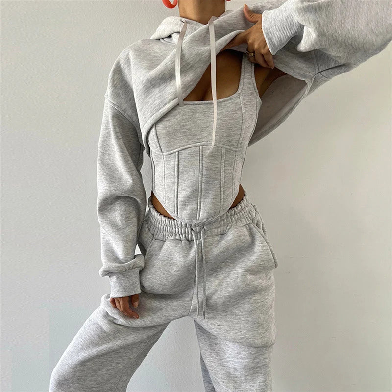 Women Crop Tops Hoodies Tracksuit With Corset Vest Fall Winter Fleece Sweatsuit Sport Jogger Outfits 3 Two Piece Sweatpants Sets