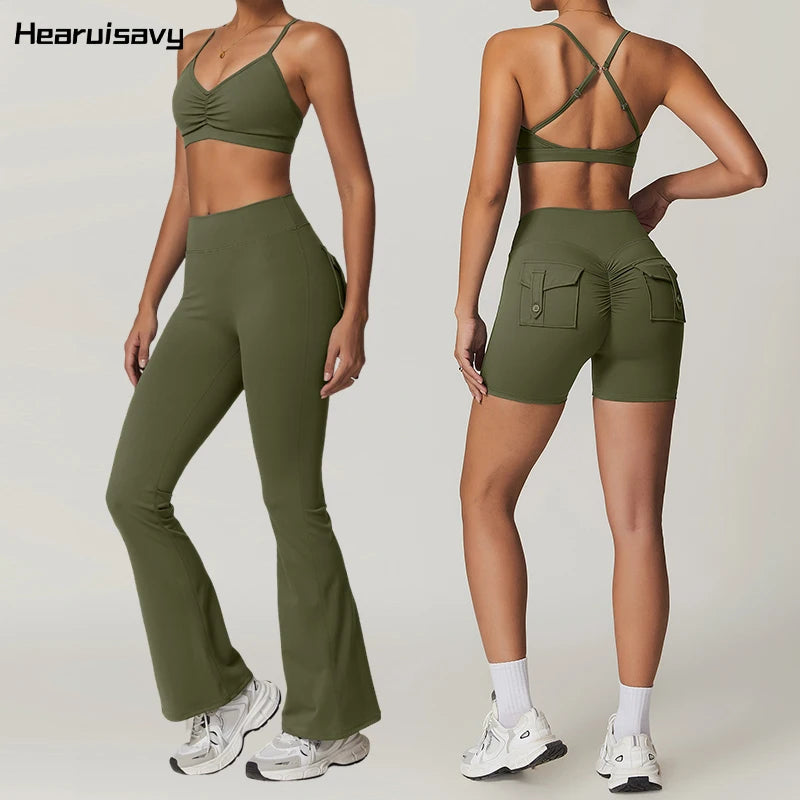 Hearuisavy 2Pcs Yoga Sets Flared Pants Sports Suit Women Fitness Pocket Leggings Running Gym Clothing Female Workout Set Women