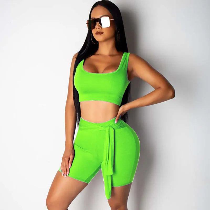 Summer Trachsuit Women Two Piece Suits Sporty Outfits U-neck Tank Crop Top and Lace-up Shorts Casual Fitness Matching Sets Yoga