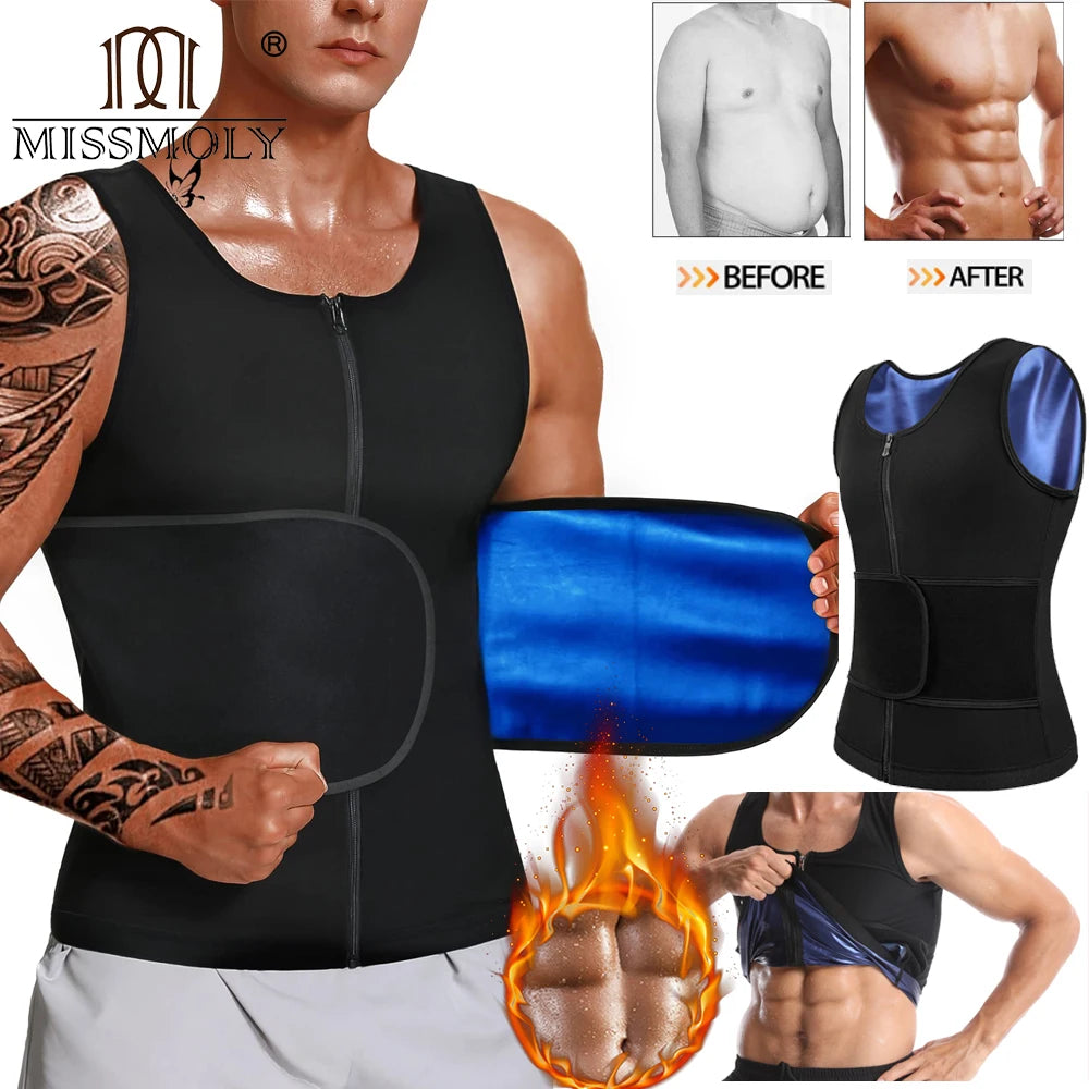 Sauna Vest for Men Waist Trainer Vest with Zipper Workout Sauna Suit Adjustable Waist Trimmer Belt Sweat Enhancing Body Shaper