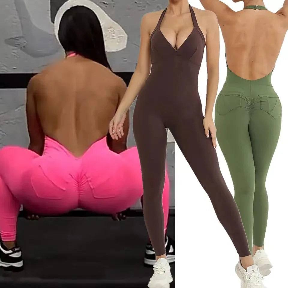 Pad Halter V Scrunch Romper Women One Piece Jumpsuit Workout Yoga Set Open Back Gym Clothing Scrunch Proof Butt Gym Active Suit