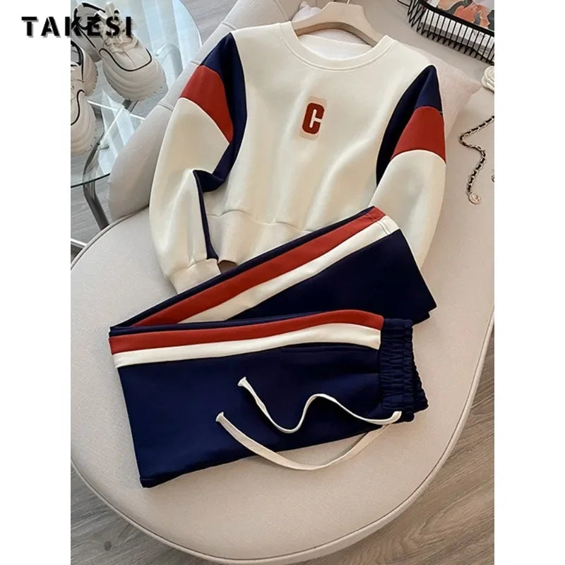 Casual Sporty Two-piece Set Women Letter Print O-neck Sweatshirt + Drawstring Trousers Sets Sports Pants Suits