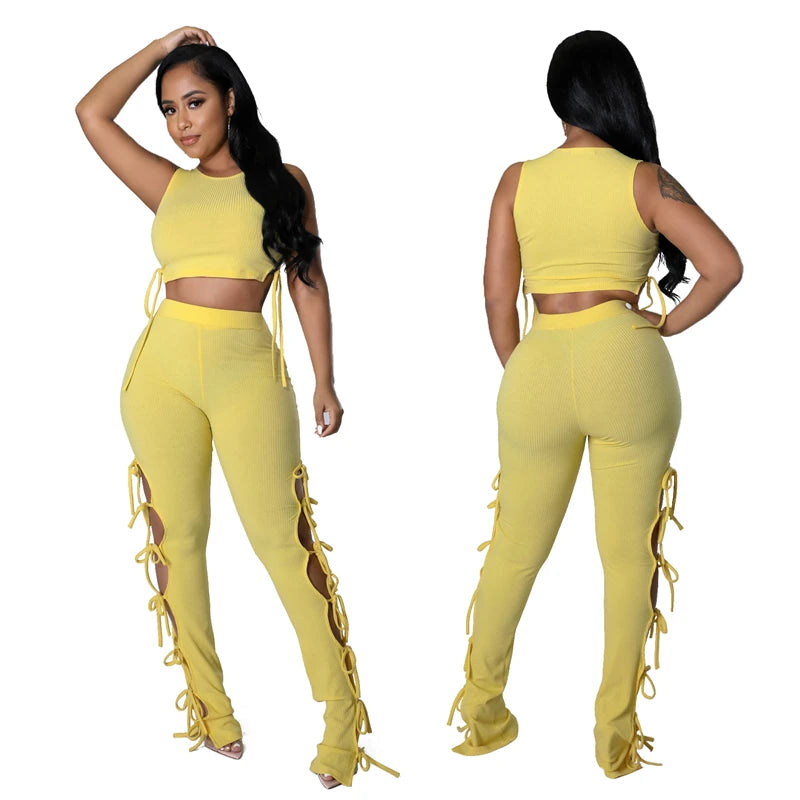 Solid Hollow Out Lace Up Sleeveless Two Piece Matching Sets Women Skinny Sporty Tank Top+Pants Leggings Workout Stretchy Outfits