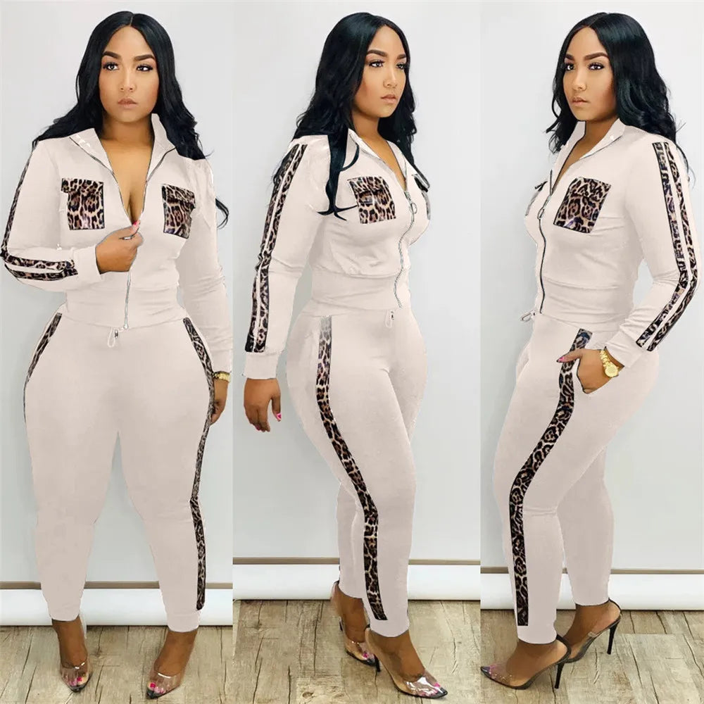 Tracksuit Women Leopard Print Splice Lounge Wear Two Piece Set Top and Pants Sweat Suits