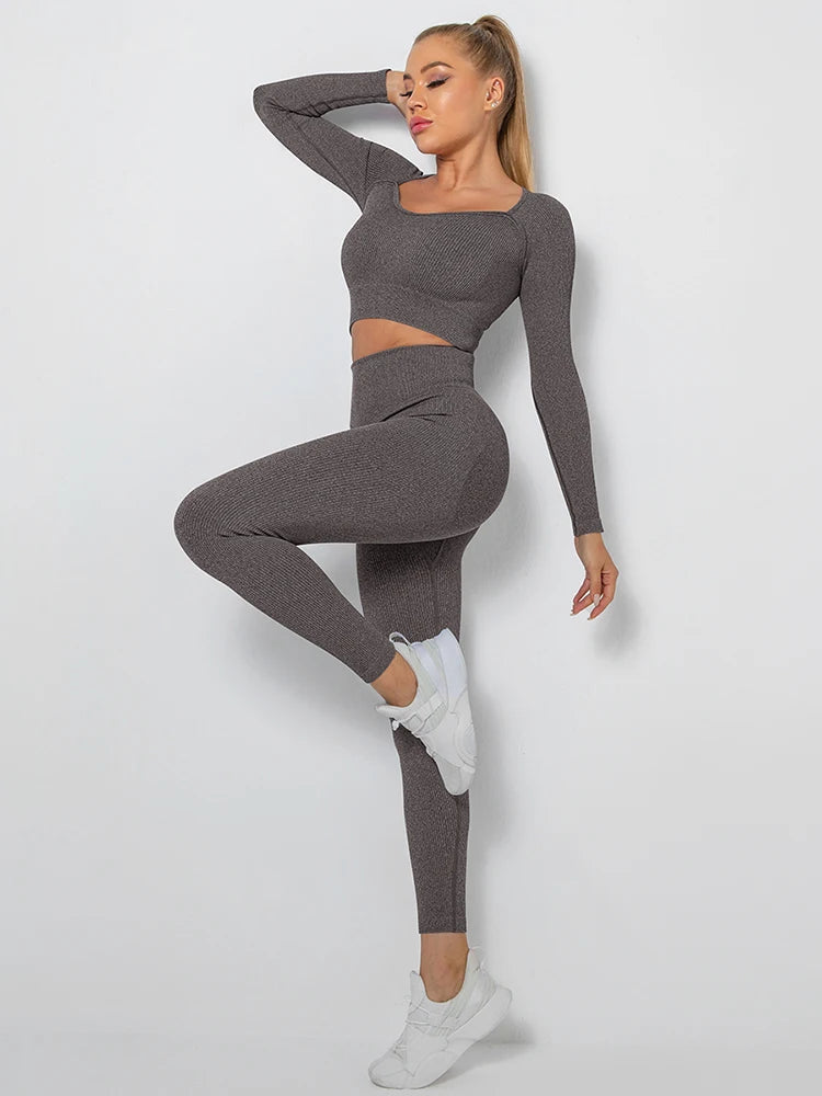 Seamless Yoga Set High Waist Hip Raise Pants Solid Color Long Sleeves Crop Top Women Workout Sportswear Running Fitness Suit