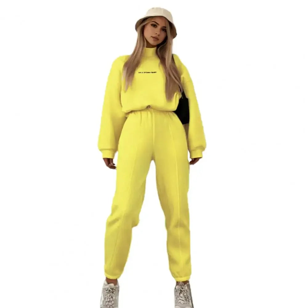 Spring Long-sleeved High-neck Printed Sweatshirt Casual Two-piece Set Tie-up Pleated Top Waist Sweatpants Sports Suit Women