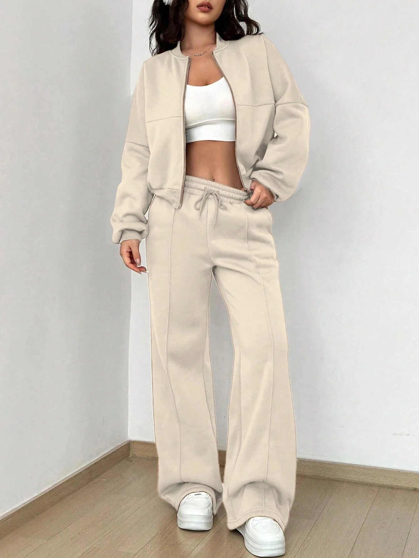 Casual Loose Zipper Coat + Sweatpants Two Piece Sets Women Fashion Solid Sleeve Jacekets Outfits Autumn Winter Sweatshirt Suit