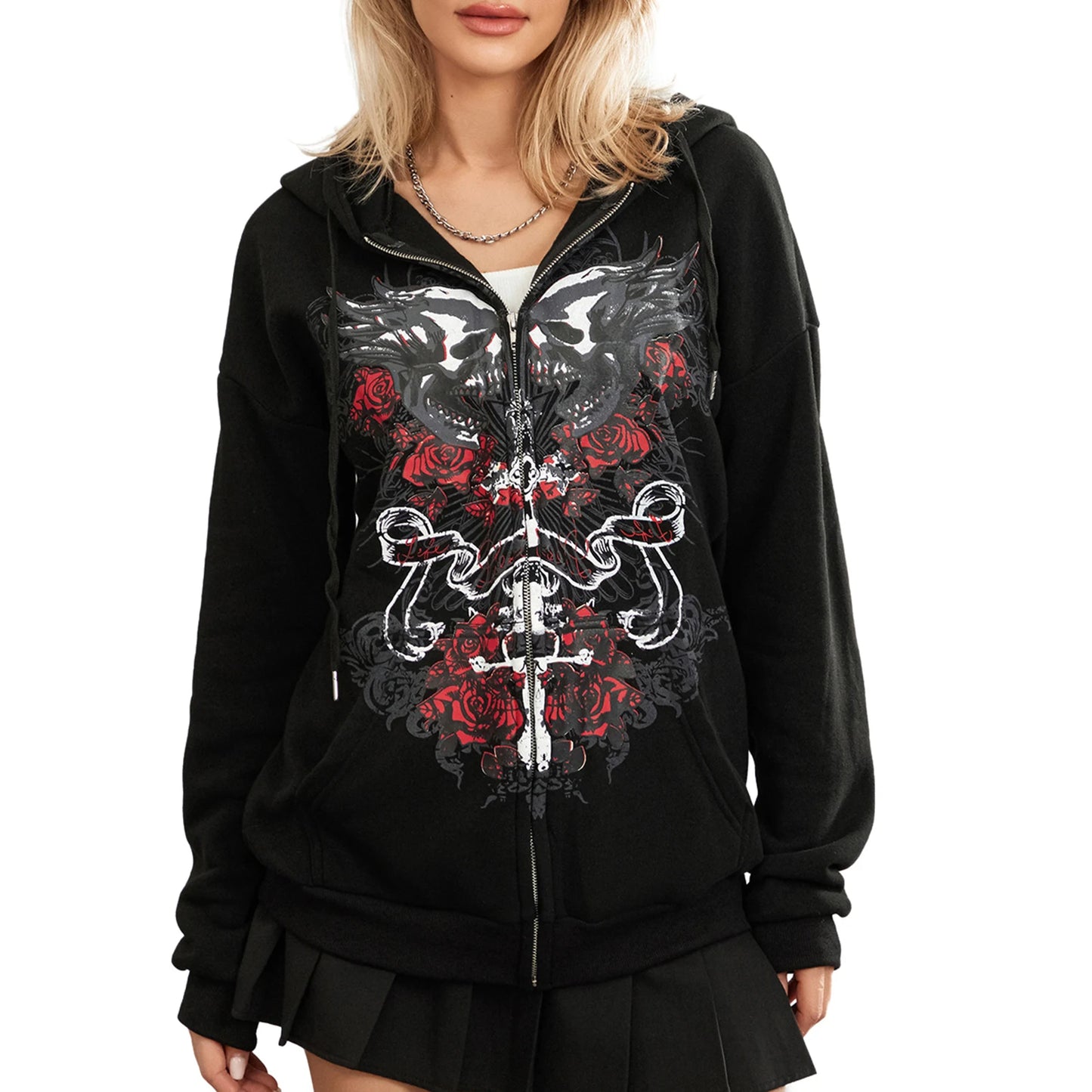 Women Hoodie Y2k Long Sleeve Top Halloween Gothic Sweatshirt Casual Skull Print Cardigan with Pockets