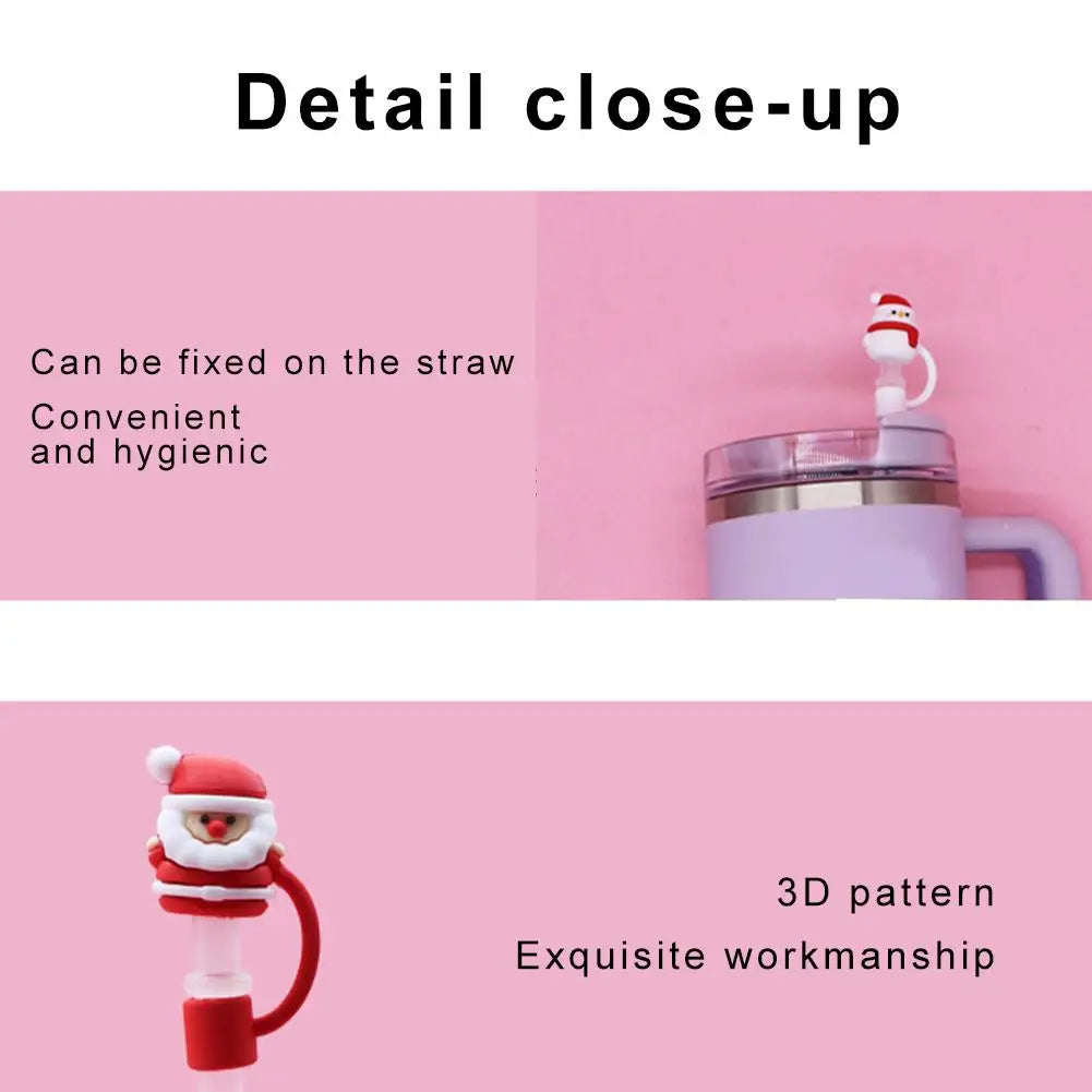 For Stanley Cup 10mm Silicone Straw Cover Reusable Dust Cap Christmas Themed Fun Cartoon Straw Decorative Straw Cap