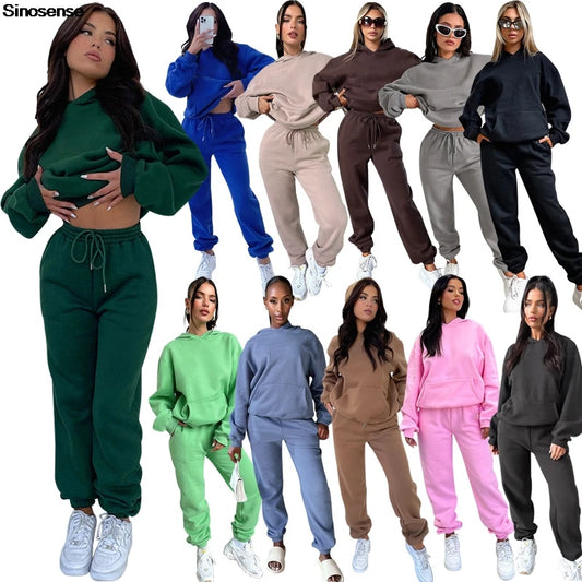 Womens Fleece 2 Piece Outfits Lounge Hoodie Sweatsuit Sets Oversized Sweatshirt Baggy Fall Fashion Sweatpants With Pockets